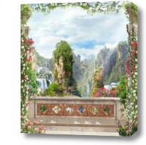 Картина Балкон с цветами и водопад