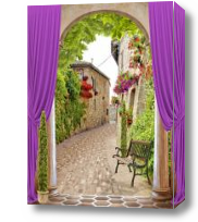 Картина дворик в Европе фиолетовые шторы