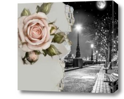 Картина 3D черно-белая улица и роза